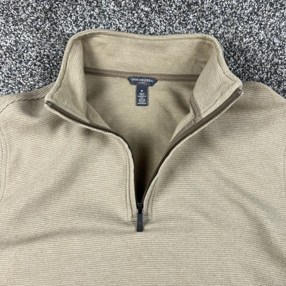 Van Heusen‎ Flex Mens Quarter Zip Pullover Sweater Tan Stripe Size M Vintage Rib